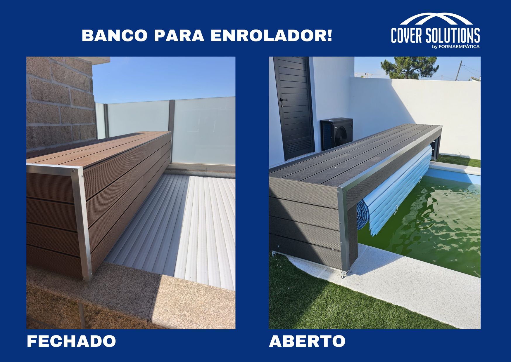 Banco de enrolador com piscina, estrutura cinza e rolo azul, ao lado de parede branca.